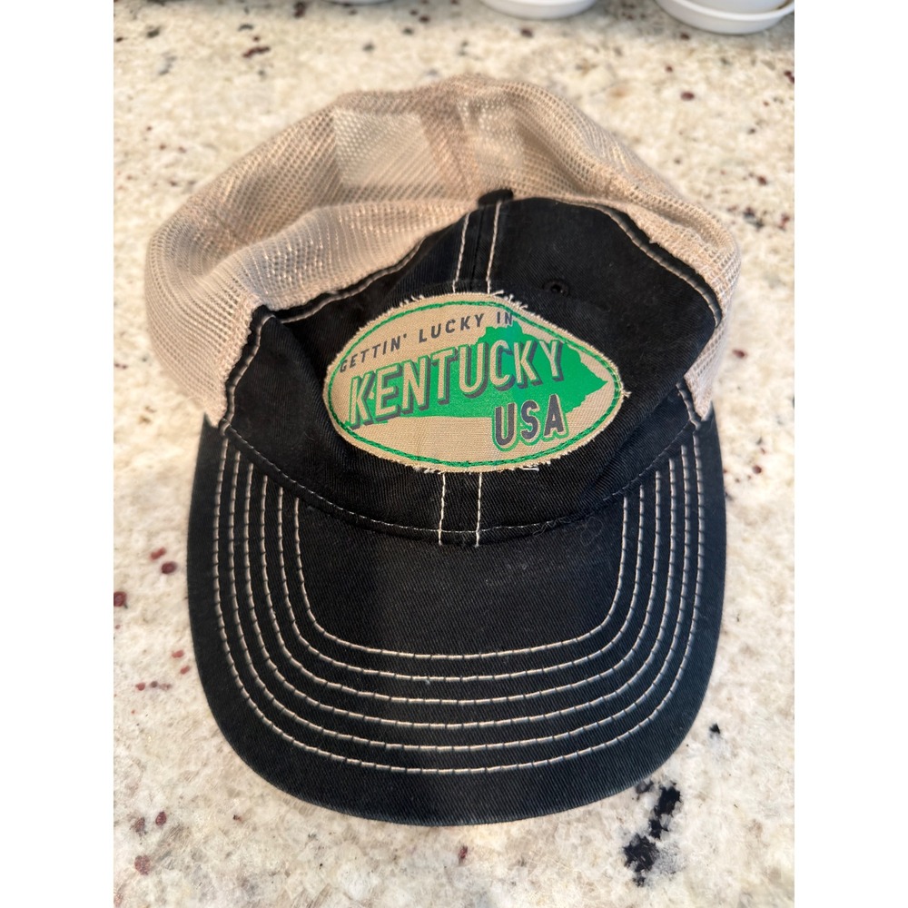 Fahrenheit "Gettin' Lucky in Kentucky" Trucker Hat Adjustable Black Tan Mesh